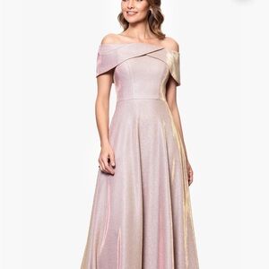 "KENDRA" GALAXY GLITTER OFF THE SHOULDER FLOOR LENGTH GOWN NWT Betsy and Adam 16